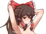  1girl armpits arms_up bilingual_commentary blush bobobert bow breasts brown_eyes brown_hair closed_mouth commentary english_commentary frilled_bow frilled_hair_tubes frills hair_bow hair_tubes hakurei_reimu highres long_hair looking_at_viewer mixed-language_commentary nipples nude paid_reward_available red_bow simple_background small_breasts solo touhou upper_body white_background 
