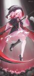  1girl absurdres asymmetrical_legwear black_bow black_cape black_dress black_socks bow cape commentary_request dress drill_hair frilled_dress frills full_body highres holding holding_scythe hood hooded_cape kneehighs long_sleeves looking_at_viewer loryears mismatched_legwear pink_hair red_eyes ribbon scythe shoes socks solo tlipoca twin_drills white_dress wide_sleeves yog-sothoth's_yard 