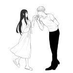  1boy 1girl arm_behind_back closed_mouth collarbone commentary_request dress eye_contact full_body greyscale hetero highres long_hair long_sidelocks long_sleeves looking_at_another monochrome nightgown pants shirt shoes short_hair sidelocks simple_background slippers smile spy_x_family standing t-shirt tarutaruso3 twilight_(spy_x_family) white_background yor_briar 