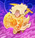 1girl armor blonde_hair buckler cape commentary dan_hipp debris dust dynamic_pose energy_barrier energy_shield english_commentary eternals_(marvel) floating_cape full_armor full_body galaxy glowing glowing_eyes glowing_hair glowing_sword glowing_weapon gold_armor halftone halftone_background holding holding_sword holding_weapon marvel marvel_snap official_art planet purple_theme shield short_hair smoke solo sword thena_(marvel) toon_(style) weapon yellow_armor yellow_cape yellow_eyes yellow_loincloth yellow_theme 