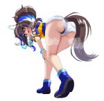 1girl animal_ears aqua_nails ass bare_legs bent_over black_panties blue_hair blue_nails blush brown_hair commentary d: daitaku_helios_(fun_fun_party_night)_(umamusume) daitaku_helios_(umamusume) ear_covers facial_mark fingernails full_body hair_ornament hairclip hand_on_own_knee high_side_ponytail highres horse_ears horse_girl horse_tail kneepits kohaku_(kuhaku30) looking_at_viewer multicolored_hair multicolored_nails nail_polish open_mouth outstretched_arm panties panties_under_shorts panty_peek shirt shoes short_shorts short_sleeves shorts side_ponytail simple_background solo standing t-shirt tail two-tone_hair umamusume underwear upshorts white_background white_shoes yellow_eyes 