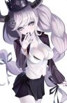  1girl arm_at_side black_bra black_horns black_jacket black_nails black_ribbon black_skirt bra bra_peek braid braided_twintails breasts cleavage collared_shirt commentary cosplay cowboy_shot creator_connection crown danganronpa:_trigger_happy_havoc danganronpa_(series) demon_girl demon_horns eyelashes floating_hair hair_ribbon hand_up highres horns jacket kirigiri_kyoko kirigiri_kyoko_(cosplay) large_breasts long_hair long_sleeves looking_at_viewer low-tied_long_hair master_detective_archives:_rain_code miniskirt multicolored_hair nail_polish open_clothes open_jacket open_mouth open_shirt outstretched_hand partially_unzipped pleated_skirt purple_eyes purple_hair ribbon school_uniform shinigami_(rain_code) shirt shiton_(2016sanhime) sidelocks simple_background skirt smile solo suit_jacket swept_bangs teeth twin_braids two-tone_hair underwear upper_teeth_only very_long_hair white_background white_hair white_shirt wide_sleeves 