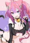  +_+ 1girl ahoge alternate_breast_size_(larger) animal_ears animal_hands bare_shoulders bell black_bra black_choker black_gloves black_panties black_tail blue_eyes blush bra breasts cat_cutout cat_ear_panties cat_ears cat_girl cat_lingerie cat_paws cat_tail choker cleavage clothing_cutout collarbone commentary_request elbow_gloves eyelashes fang fingerless_gloves fingernails frilled_bra frills gloves hair_intakes highres hololive hololive_dev_is huge_breasts jingle_bell kikirara_vivi long_hair looking_at_viewer multicolored_hair nail_polish neck_bell open_mouth panties pink_background pink_hair pink_nails purple_background purple_hair purple_nails shirogane_(platinum) side-tie_panties side_ponytail skin_fang smile solo sparkle spiked_choker spikes tail thighs two-tone_background two-tone_hair underwear virtual_youtuber 