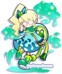  1girl backpack bag blonde_hair blue_bow blue_dress boots bow capelet closed_mouth coke-bottle_glasses commentary_request dress frog_hair_ornament full_body glasses green_boots green_capelet hair_bow hair_ornament hand_up high_side_ponytail holding holding_hose hood hood_down hooded_capelet hose long_hair official_alternate_costume official_style opaque_glasses pimyuhuwa puyopuyo puyopuyo_quest round_eyewear rubber_boots side_ponytail solo standing standing_on_one_leg twitter_username variant_set velena_(puyopuyo) velena_(rainy_day)_(puyopuyo) 