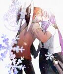  1boy 1girl arm_at_side axe battle_axe black_dress black_gloves black_pants blush closed_eyes coat commentary_request couple dress fern_(sousou_no_frieren) gloves half_updo hand_on_another's_shoulder hetero highres jacket kiss long_hair long_sleeves pants purple_hair purple_scarf red_eyes red_jacket scarf short_hair simple_background snowflakes snowing sousou_no_frieren stark_(sousou_no_frieren) very_long_hair very_short_hair watermark weapon weapon_on_back white_background white_coat youkioh 