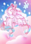  1girl absurdly_long_hair alternate_costume animal arm_bow arm_warmers armband artist_name bare_shoulders beads blue_hair blue_sky blunt_bangs bow brown_eyes bubble_skirt cat clothed_animal cloud day double_bun dress dress_bow earrings eyelashes floating food frilled_arm_warmers frills full_body fur_shawl hair_beads hair_bun hair_ornament happy heart heart_in_eye high_heels highres infinity_nikki jewelry layered_dress light_particles lipstick long_hair looking_at_viewer makeup marshmallow medium_dress momo_(nikki) multicolored_hair nikki_(series) outdoors outline pantyhose parted_bangs parted_lips pink_bow pink_hair pink_lips pink_pantyhose pom_pom_(clothes) pom_pom_earrings ribbon ribbon_earrings ronya_sanzoku shadow shawl shoes sidelocks skirt sky sleeveless sleeveless_dress smile spaghetti_strap stiletto_heels streaked_hair striped_clothes striped_pantyhose stylist_(nikki) symbol_in_eye teeth twintails two-tone_hair vertical-striped_clothes vertical-striped_pantyhose very_long_hair walking watermark wavy_hair white_armband white_bow white_dress white_outline white_ribbon white_shawl white_shoes wrist_bow 