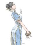  1girl black_hair blue_dress bracelet breasts brown_eyes chinese_clothes chun-li commentary_request double_bun dress hair_bun highres jewelry nom1207 pelvic_curtain qipao ribbon side_slit simple_background solo street_fighter street_fighter_6 white_background yellow_ribbon yellow_trim 