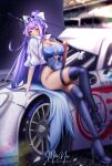  1girl absurdres astria_live black_boots black_leotard boots breasts car cleavage clothing_cutout gradient_hair high_heel_boots high_heels highres holding holding_umbrella indie_virtual_youtuber jacket leotard long_hair meinu_tan motor_vehicle multicolored_hair on_car open_clothes open_jacket ponytail purple_eyes purple_hair race_queen short_sleeves smile solo thigh_boots umbrella virtual_youtuber 