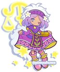  1girl bag balance_scale blue_eyes boots capelet closed_mouth commentary_request dark-skinned_female dark_skin dress earrings facial_mark flower fluffy_hair full_body hair_flower hair_ornament hairband holding_own_dress jewelry long_hair long_sleeves looking_at_viewer multicolored_hair official_style one_eye_closed pelvic_curtain pimyuhuwa pink_boots purple_capelet purple_dress purple_hair purple_hairband puyopuyo puyopuyo_quest raum_(puyopuyo) shoulder_bag simple_background sleeves_past_wrists smile solo star_(symbol) twitter_username two-tone_hair very_long_hair weighing_scale white_background white_flower white_hair yellow_bag 