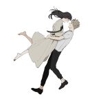  1boy 1girl arms_around_another's_waist barefoot black_hair black_pants black_shoes blonde_hair breasts closed_eyes commentary_request couple dress full_body grey_dress hand_on_another's_shoulder hetero highres hug loafers long_dress long_hair long_sleeves looking_at_another medium_breasts open_mouth pants shirt shoes short_hair short_sleeves sidelocks simple_background smile spy_x_family t-shirt tarutaruso3 twilight_(spy_x_family) twitter_username white_background white_shirt yor_briar 