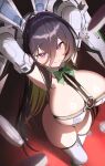  1girl absurdres ahin_db animal_ear_hairband animal_ears armpits arms_up black_hair blush bow bowtie breast_strap breasts cleavage closed_mouth colored_inner_hair commentary_request fake_animal_ears from_above goddess_of_victory:_nikke green_bow green_bowtie green_hair green_streaks guilty_(mighty_bunny)_(nikke) guilty_(nikke) hair_between_eyes hairband highres huge_breasts korean_commentary leotard long_hair looking_at_viewer mechanical_gloves multicolored_hair official_alternate_costume playboy_bunny poker_chip power_gloves purple_eyes rabbit_ears solo streaked_hair thighhighs thighs undersized_breast_cup white_leotard white_thighhighs 