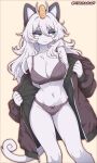  1girl alolan_meowth animal_ears black_bra black_eyeshadow black_hoodie black_panties bow bow_panties bra bra_strap breasts cat_ears coin commentary cowboy_shot curled_tail eyeshadow fingernails furry gold_coin green_eyes highres hood hoodie long_hair makeup medium_breasts navel panties pokemon removing_jacket solo underwear undressing yorusagiart 