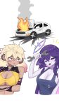  2girls :3 :p ;3 ;p absurdres alternate_costume ander_man animal_ears arms_under_breasts blonde_hair blue_overalls breasts burning burning_vehicle car cleavage closed_mouth colored_skin commentary cropped_arm cropped_torso crossed_bangs cyborg dark-skinned_female dark_skin english_commentary eyelashes fire gradient_hair grey_skin hair_between_eyes highres holding holding_wrench indie_virtual_youtuber koko_d._nuts large_breasts long_hair megalodon_(vtuber) midriff monkey_ears monkey_girl motor_vehicle multicolored_hair multiple_girls official_art one_eye_closed open_car_hood open_mouth overalls pink_hair purple_eyes purple_hair scorch_mark second-party_source shorkie_(megalodon_(vtuber)) smile smoke teeth tongue tongue_out twintails two-tone_hair underboob upper_teeth_only video_thumbnail virtual_youtuber wrench youtube_video_thumbnail 