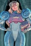  1girl absurdres blonde_hair commentary cowboy_shot english_commentary hair_down helmet highres holding holding_unworn_helmet indoors long_hair metroid metroid_ravenous power_suit_(metroid) ravenous_suit rygge samus_aran science_fiction solo sweat unworn_headwear unworn_helmet 