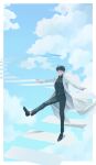 1boy black_hair black_shirt blue_sky border closed_eyes cloud cloudy_sky coat collared_shirt commentary day dreaming_nozomu floating_stairs full_body kim_dokja leg_up male_focus omniscient_reader's_viewpoint open_clothes open_coat outdoors outstretched_arms shirt short_hair sky smile solo standing standing_on_one_leg t-pose untranslatable_commentary white_border white_coat 