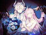  1boy 1girl absurdres bell blue_eyes blue_flower blue_rose bouquet breasts cleavage coat commentary demon_boy demon_horns dress elf elysia_(herrscher_of_human:_ego)_(honkai_impact) elysia_(honkai_impact) flower grabbing_another's_arm highres holding holding_bouquet honkai_(series) honkai_impact_3rd horns husband_and_wife iamngan1212 kevin_kaslana kevin_kaslana_(diabolic) large_breasts long_hair necktie pink_hair pointy_ears purple_eyes rose shirt short_hair untranslatable_commentary very_long_hair white_coat white_dress white_hair white_necktie white_shirt 