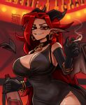  1girl artist_logo artist_name asymmetrical_hair black_choker black_dress black_gloves black_horns black_tail blurry blurry_background bottle breasts choker cigarette cleavage clothing_cutout commentary covered_navel curtained_hair demon demon_girl demon_horns demon_tail demon_wings dress earrings elbow_gloves english_commentary fantasy glass_bottle gloves grin holding holding_bottle holding_cigarette hoop_earrings horns impossible_clothes jewelry large_breasts leg_cutout logo long_hair long_pointy_ears looking_at_viewer multiple_earrings narrow_waist original pointy_ears red_eyes red_hair sharp_teeth slit_pupils smile tail tail_raised teeth tight_clothes tox_(twistingtoxic) twistingtoxic very_long_hair wings 