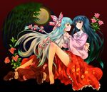  bad_id bad_pixiv_id bamboo bamboo_forest barefoot black_hair blush bow bowtie feet flower forest fujiwara_no_mokou hair_ribbon houraisan_kaguya hug legs long_hair michii_yuuki moon multiple_girls nature pants red_eyes ribbon touhou very_long_hair white_hair yuri 