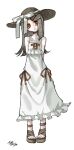  1girl arms_behind_back commentary dress expressionless flat_chest full_body gakuen_idolmaster grey_hair hat idolmaster long_hair looking_at_viewer orange_eyes shinosawa_hiro simple_background solo sun_hat sundress tyomemirin white_background white_dress 