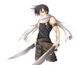  bandages belt black_hair black_shirt covered_mouth cropped_legs dual_wielding eiyuu_densetsu fanny_pack half-closed_eyes hand_wraps holding holding_sword holding_weapon joshua_astray male_focus pants red_eyes satomi scarf scarf_over_mouth shirt short_sword simple_background sleeveless solo sora_no_kiseki sword weapon white_background white_scarf 
