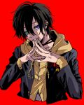  1boy ahoge badge black_choker black_hair black_jacket blue_eyes button_badge choker collarbone commentary_request cropped_torso drawstring fingernails gakuran green_eyes grey_shirt hair_between_eyes hands_up head_tilt heterochromia highres hood hood_down hoodie hypnosis_mic ikashim_(scp_ika) jacket jacket_over_hoodie long_sleeves looking_at_viewer male_focus mole mole_under_mouth multiple_moles multiple_moles_under_one_eye partial_commentary red_background romaji_commentary saturated_background school_uniform shirt short_hair sideways_glance simple_background smile smug solo steepled_fingers unzipped yamada_saburo yellow_hoodie zipper zipper_pull_tab 