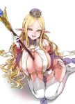  1girl :d asanagi bare_shoulders between_breasts blonde_hair blush breast_curtains breasts cleavage commentary_request detached_sleeves elf elf_village fang garter_straps gloves green_eyes hat highres huge_breasts large_breasts long_hair long_pointy_ears looking_at_viewer official_art open_mouth panties parted_bangs pointy_ears priscilla_(elf_village) side-tie_panties simple_background sitting smile solo staff teeth thighhighs underwear very_long_hair wariza white_background white_gloves white_panties white_thighhighs 