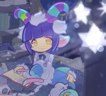  1girl alternate_costume animal_ears aqua_horns blue_dress blunt_bangs blush_stickers book book_on_lap book_stack bookshelf bow bowtie closed_mouth commentary_request constellation_print dabih_(puyopuyo) dress fish flying_fish fur-trimmed_vest fur_trim grey_vest horns indoors light_particles looking_at_viewer multicolored_horns official_style open_book petting pillow pimyuhuwa print_dress purple_bow purple_bowtie purple_hair purple_horns puyopuyo puyopuyo_quest sheep_ears sheep_girl sheep_horns short_hair sitting sleeping_animal smile star_(symbol) striped_horns twitter_username two-tone_horns vest yellow_eyes 