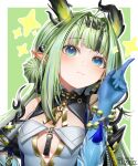  1girl absurdres arknights arknights:_endfield artist_name bare_shoulders beads black_dress black_streaks blue_eyes blush border breasts closed_mouth commentary commentary_typo dragon_girl dragon_horns dress english_commentary green_background green_hair grey_dress hand_up highres horns index_finger_raised light_smile logkey long_hair looking_at_viewer multicolored_hair outline outside_border pointy_ears si_(arknights) simple_background solo sparkle streaked_hair tassel upper_body watermark white_border white_outline 