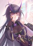  1girl absurdres breasts chinese_clothes commentary_request dress earrings glasses gloves highres honkai_(series) honkai_impact_3rd horns jewelry large_breasts long_hair looking_at_viewer official_alternate_costume purple_dress purple_eyes purple_gloves purple_hair purple_horns qipao raiden_mei raiden_mei_(herrscher_of_thunder) raiden_mei_(rainy_springtide) solo very_long_hair xixing_si_yao_meng 