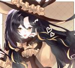  1girl :d absurdres argyle_background arms_at_sides black_gloves black_hair black_hat border bow bowtie brown_background brown_bow brown_bowtie brown_dress commentary_request dream81059082 dress elbow_gloves fingerless_gloves frilled_dress frilled_hat frills gloves hand_on_own_cheek hand_on_own_face hands_up hat hat_feather heart highres holding holding_smoking_pipe jeanne_(project_moon) limbus_company long_hair looking_at_viewer open_mouth outside_border project_moon puffy_sleeves smile smoking_pipe solo upper_body white_border yellow_eyes 