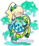  1girl backpack bag blonde_hair blue_bow blue_dress blush_stickers boots bow capelet commentary_request dress fang frog_hair_ornament full_body glasses green_boots green_capelet hair_bow hair_ornament hand_up high_side_ponytail holding holding_hose hood hood_down hooded_capelet hose long_hair looking_at_viewer official_alternate_costume official_style one_eye_closed open_mouth pimyuhuwa puyopuyo puyopuyo_quest red_eyes round_eyewear rubber_boots side_ponytail solo standing standing_on_one_leg twitter_username variant_set velena_(puyopuyo) velena_(rainy_day)_(puyopuyo) 