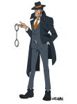  1boy absurdres artist_name belt belt_buckle black_eyes black_hair black_shoes buckle buttons cleft_chin coat commentary_request cuffs english_commentary facial_hair fedora full_body grey_socks grey_vest grin hachuart hand_in_pocket handcuffs hat highres holding holding_handcuffs layered_clothes long_sideburns long_sleeves lupin_iii male_focus mixed-language_commentary necktie open_clothes open_coat orange_necktie popped_collar shirt shoes short_hair sideburns signature simple_background smile socks solo standing teeth trench_coat twitter_username vest white_background white_shirt zenigata_kouichi 