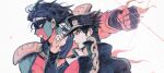  2boys adjusting_clothes adjusting_headwear black_coat black_hair black_hat chain clenched_hand clenched_teeth closed_mouth coat commentary earrings from_side frown hat highres jewelry jojo_no_kimyou_na_bouken kujo_jotaro long_hair long_sleeves male_focus multiple_boys pink_shirt shirt short_hair stand_(jojo) star_platinum stardust_crusaders stud_earrings teeth upper_body zumu_(quw87) 