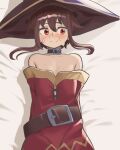  1girl arms_behind_back belt belt_buckle black_choker blush brown_belt brown_hair buckle choker closed_mouth commentary dress english_commentary hair_between_eyes hat highres kono_subarashii_sekai_ni_shukufuku_wo! loose_belt lying megumin nico-mo off-shoulder_dress off_shoulder on_back on_bed raised_inner_eyebrows red_dress red_eyes short_hair_with_long_locks smile solo split_mouth sweat upper_body variant_set witch_hat yellow_trim 