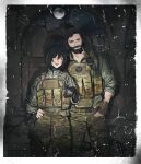  1girl absurdres beard black_hair blood blood_on_arm border bulletproof_vest camouflage camouflage_gloves camouflage_jacket camouflage_pants closed_eyes commission cowboy_shot earmuffs facial_hair fingerless_gloves gloves hand_in_pocket highres jacket looking_at_viewer maxturbo69 military military_combat_uniform military_uniform open_mouth original pants photo_(object) short_hair standing straight-on walkie-talkie white_border 