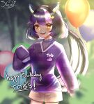  1girl absurdres balloon black_hair brown_shorts commentary english_commentary facial_mark heart heart_facial_mark highres indie_virtual_youtuber multicolored_hair open_mouth orange_eyes pink_hair purple_sweater short_hair shorts skunk_ears skunk_girl skunk_tail solo soymilktm star_(symbol) star_facial_mark streaked_hair sweater toboso_kuroi triangle triangle_facial_mark turtleneck turtleneck_sweater virtual_youtuber 