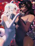  2girls absurdres bags_under_eyes black_hair black_leotard blackberreh boku_no_hero_academia breasts burn_scar colored_skin cowboy_shot dabi_(boku_no_hero_academia) eye_contact genderswap genderswap_(mtf) genderswap_on_genderswap highres holding_hands interlocked_fingers leotard lips long_hair looking_at_another medium_breasts multicolored_skin multiple_girls multiple_scars playboy_bunny scar shigaraki_tomura smile white_hair white_leotard yuri 