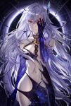  1girl blue_dress blue_hands breasts broken_screen commentary dress english_commentary genshin_impact hair_ornament highres large_breasts long_hair looking_at_viewer miwlin navel purple_eyes skirk_(genshin_impact) solo stomach torn_clothes torn_dress very_long_hair white_hair 