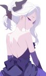  1girl absurdres backless_dress backless_outfit bare_back blue_archive dress elbow_gloves from_behind gloves hair_ornament highres hina_(blue_archive) hina_(dress)_(blue_archive) long_hair looking_at_viewer looking_back nape penguin_uwu pink_eyes purple_dress purple_gloves shoulder_blades simple_background solo strapless strapless_dress white_background white_hair 