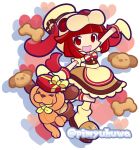  >_< 1girl alternate_costume animal animal_hat apron arm_up blunt_bangs bow bowtie box brown_apron brown_dog brown_dress brown_mittens brown_slippers brown_socks buttons commentary_request cookie dog dog_hat dog_tail dress fake_tail food full_body hat heart heart-shaped_box looking_at_viewer mittens neckerchief official_style pimyuhuwa puyopuyo puyopuyo_quest red_bow red_bowtie red_eyes red_hair ribbon short_hair short_sleeves simple_background slippers socks standing standing_on_one_leg stuffed_animal stuffed_dog stuffed_toy tail twitter_username wangurumi_(puyopuyo) white_background yellow_neckerchief yellow_ribbon 