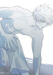  1boy abs absurdres bakugou_katsuki boku_no_hero_academia closed_mouth collarbone fingernails greyscale hand_on_own_knee highres male_focus monochrome multiple_scars on_one_knee oroshi_mi pectorals scar scar_on_chest scar_on_face short_hair simple_background solo spiked_hair toned toned_male watermark white_background 
