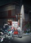  2girls bare_shoulders black_hair black_kimono black_shoes black_shorts black_sky block_heels cho_kaguya-hime! eye_contact finger_touching fish floating_hair floodlights flying_fish full_body genkounikki01 grey_hair grey_jacket highres house jacket japanese_clothes kaguya_(cho_kaguya-hime!) kimono long_hair long_sleeves looking_at_another medium_hair miniskirt multiple_girls night off_shoulder open_clothes open_jacket outdoors pleated_skirt purple_skirt road runami_yachiyo runami_yachiyo_(tsukuyomi) school_of_fish shirt shoes short_shorts shorts skirt sky stairs standing star_(sky) starry_sky straight_hair street twintails vending_machine very_long_hair walking water white_shirt 