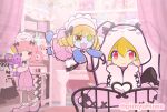  3girls alternate_costume animal_hood black_bow black_pantyhose black_ribbon blonde_hair blush_stickers bow braid braided_hair_rings brown_hair button_eyes buttons closed_mouth clothes_rack commentary_request curtains desk doll drill_hair floating frilled_skirt frills hair_bow hair_rings half-closed_eyes hands_on_own_cheeks hands_on_own_face hat hat_bow head_rest heart holding holding_ribbon holding_stuffed_toy hood hood_up hoodie looking_at_another looking_at_viewer lying medium_hair multiple_girls official_style on_bed on_stomach open_mouth pantyhose parted_lips pillow pimyuhuwa pink_eyes pink_hair pink_hat pink_hoodie pink_shirt pink_shoes pink_skirt puyopuyo puyopuyo_quest rabbit_hood red_eyes ribbon rita_(puyopuyo) shirt shoes short_hair skirt smile standing stuffed_animal stuffed_rabbit stuffed_toy teddy_bear twin_drills twitter_username usagurumi_(puyopuyo) 