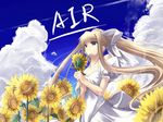  air bare_shoulders blonde_hair blue_eyes cloud condensation_trail day flower kamio_misuzu long_hair ponytail ribbon satomi sky solo sunflower very_long_hair 