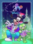  2boys animal_ears ayanosuke_e bow buck_teeth commentary_request disneyland dog_boy dog_ears duffy_and_friends full_body gloves goofy green_eyes hat highres looking_at_viewer mickey_mouse_&amp;_friends multiple_boys olu_mel open_mouth pants shirt shoes simple_background smile stuffed_animal stuffed_toy teeth turtle turtle_boy 