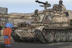 1boy 1other absurdres arabic_text cuffs discord dshk execution execution_of_fadi_zidan flexuallyt gun handcuffs heavy_machine_gun highres imminent_death implied_death isis_(terrorist_group) jumpsuit machine_gun male_focus meme military_vehicle motor_vehicle orange_jumpsuit photo-referenced prison_clothes scene_reference t-55 tank weapon wumpus wumpus_dying_(meme) 