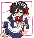  1girl alternate_costume apron bags_under_eyes black_hair blue_dress blush bow brooch closed_eyes commentary_request dress enmaided four-finger_heart_hands frilled_dress frilled_wrist_cuffs frills hair_between_eyes heart heart_brooch heart_hands highres jewelry juliet_sleeves kneehighs kuroki_tomoko long_hair long_sleeves maid maid_apron maid_headdress nervous_smile nt0214mame open_mouth puffy_sleeves red_bow signature simple_background smile socks solo sweat translation_request triangle_mouth watashi_ga_motenai_no_wa_dou_kangaetemo_omaera_ga_warui! white_apron white_background white_socks white_wrist_cuffs wrist_cuffs 