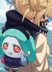  1girl blonde_hair blue_hair blunt_bangs boku_no_hero_academia cardigan cyberpunk:_edgerunners cyberpunk_(series) double_bun fortnite hair_bun highres messy_hair ocean rebecca_(cyberpunk) sharp_teeth stuffed_toy teeth thumbs_up toga_himiko unusualpie yellow_eyes 