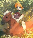  1boy animal animalization belt blonde_hair blue_eyes boots brown_belt brown_boots commentary_request epona ganondorf green_hat green_tunic hat highres horseback_riding link male_focus open_mouth pointy_ears rani_grb riding short_hair short_sleeves the_legend_of_zelda the_legend_of_zelda:_ocarina_of_time tree tunic young_link 