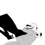  1boy 1girl catching commentary_request dress falling glomp greyscale highres hug jacket monochrome pants short_hair sidelocks simple_background spy_x_family tarutaruso3 thighhighs twilight_(spy_x_family) twitter_username white_background yor_briar 